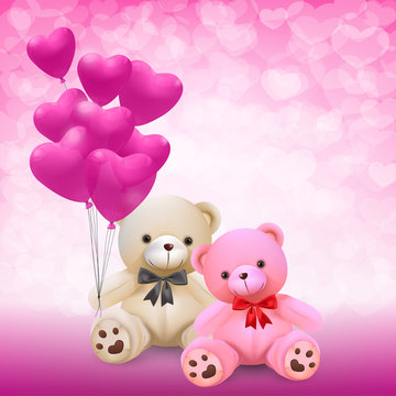 Cute couple teddy bear holding pink heart balloons on pink background - vector and illustration.