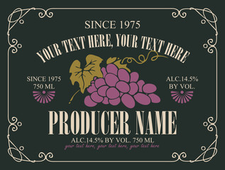Vector label for wine with bunch of grapes in curly frame on black background in retro style