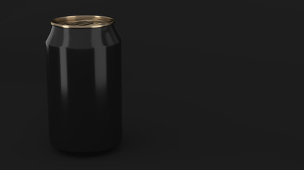 Blank small black and gold aluminium soda can mockup on black background
