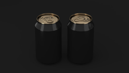 Two small black and gold aluminum soda cans mockup on black background