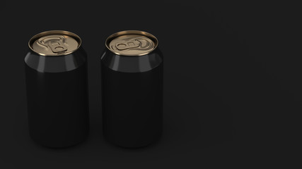 Two small black and gold aluminum soda cans mockup on black background