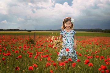 Among the spring field /
Beautiful little girl on the background of a poppy field, Bulgaria
