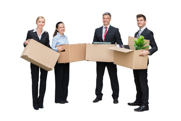 Happy Businesspeople Holding Cardboard Box With Their Belongings