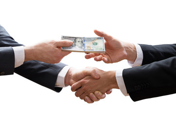 Two Businesspeople Shaking Hands And Receiving Banknote