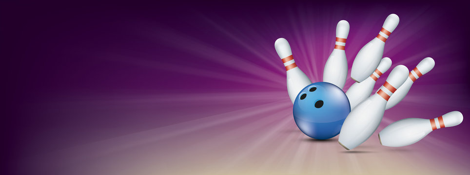 Purple Bowling Pin Deck Banner Blue Ball Strike Pins