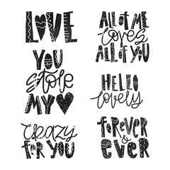 Set of black hand written lettering about love to valentines day design poster, greeting card, photo album, banner, calligraphy vector illustration collection. Grunge texture letters.
