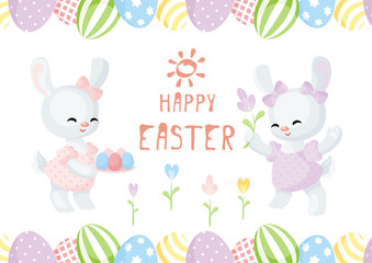 Easter greeting card with the image of lovely rabbits and painted eggs. Vector illustration.