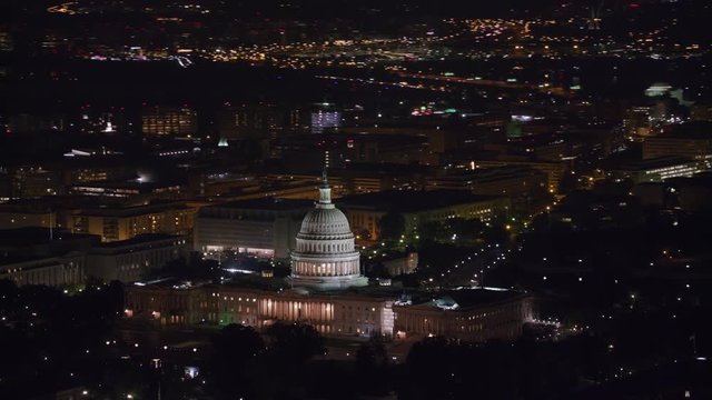 Washington, D.C. circa-2017, Aerial view of the United States Capitol building at night.  Shot with Cineflex and RED Epic-W Helium. 