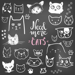 Obraz na płótnie Canvas Funny doodle cat icons collection. Hand drawn pet, kid drawn des