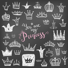 Hand drawn Various crowns set, vector illustration doodle cute s