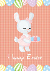 Easter greeting card with the image of lovely rabbit and painted eggs. Vector illustration.