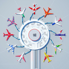 international airport with airplanes in the coloring of flags of different countries