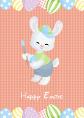 Easter greeting card with the image of lovely rabbit and painted eggs. Vector illustration.