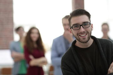 portrait of a young journalist in the blurred background