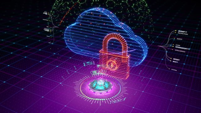 Futuristic animation of holographic locked cloud symbol rotating on abstract grid background