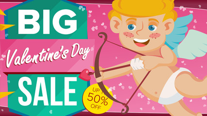 Valentine s Day Sale Banner Vector. Happy Cupid. Design For Web, Flyer, February 14 Card, Advertising. Limited Clearance. Business Advertising Illustration.
