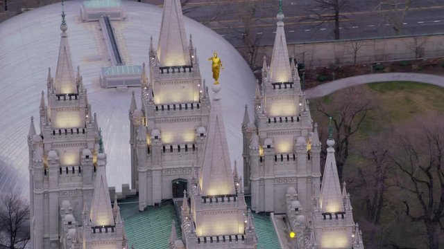 Salt Lake City, Utah circa-2017, Aerial shot of Salt Lake Mormon Temple