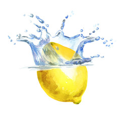Fresh lemon falling into water isolated on white background. Watercolor hand drawn illustration