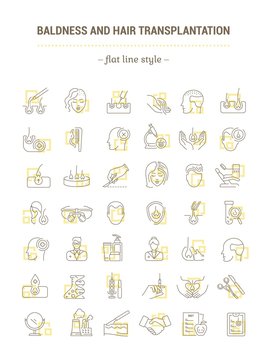 Vector graphic set. Icons in flat, contour, thin, minimal and linear design. Hair transplantation. Hairless men and women. Concept illustration for Web site. Sign, symbol, element.