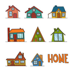 set of cartoon vintage facades, hand drawn buildings, doodle home. Isolated on white