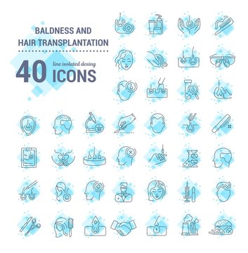 Vector graphic set. Icons in flat, contour, thin, minimal and linear design. Hair transplantation. Hairless men and women. Concept illustration for Web site. Sign, symbol, element.