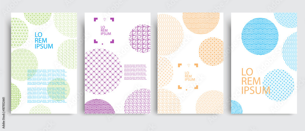 Poster set of covers with circles and different colored geometric patterns