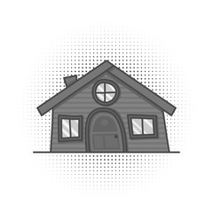 Black and white cartoon vintage facade, hand drawn building, doodle home. Isolated on white