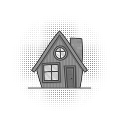 Black and white cartoon vintage facade, hand drawn building, doodle home. Isolated on white