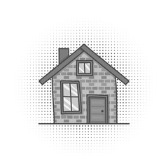 Black and white cartoon vintage facade, hand drawn building, doodle home. Isolated on white