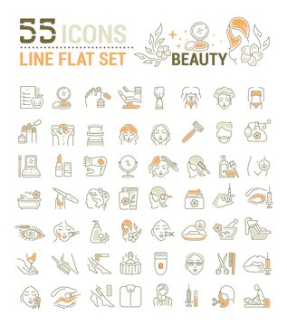 Vector graphic set. Icons in flat, contour, thin, minimal and linear design. Beauty. Attributes of beauty for men and women. Concept illustration for Web site. Sign, symbol, element.