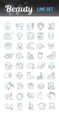 Obraz na płótnie Canvas Vector graphic set. Icons in flat, contour, thin, minimal and linear design. Beauty. Attributes of beauty for men and women. Concept illustration for Web site. Sign, symbol, element.