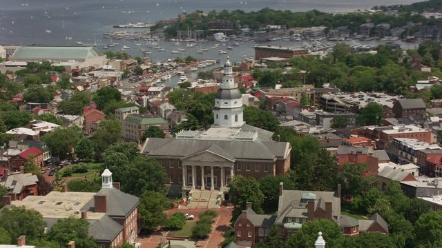 Annapolis, Maryland circa-2017, Aerial view of Maryland State House and city of Annapolis, Maryland.  Shot with Cineflex and RED Epic-W Helium. 