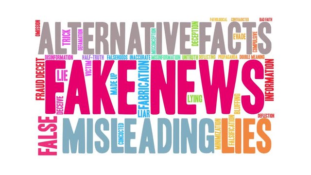 Fake News animated word cloud on a white background. 