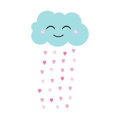 Cute blue cloud with rain of pink hearts, happy valentine's day, flat design for invitation card, vector illustration in cartoon style