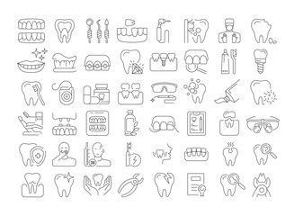 Vector graphic set. Icons in flat, contour, thin and linear design. Dental services, therapy, disease, problem, tool, reconstruction. Simple isolated icons. Concept Web illustration. Sign, symbol.