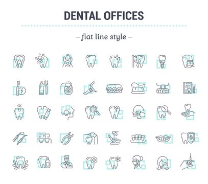 Vector graphic set. Icons in flat, contour, thin, minimal and linear design. Dentist office. Simple isolated icons. Concept illustration for Web site, app. Sign, symbol, element.