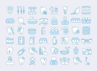 Vector graphic set. Icons in flat, contour, thin and linear design. Dental services, therapy, disease, problem, tool, reconstruction. Simple isolated icons. Concept Web illustration. Sign, symbol.