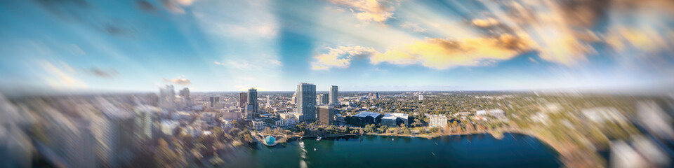 Fototapeta premium Amazing panoramic aerial view of Orlando skyline at dusk, Florida