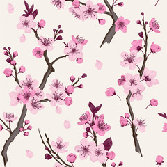 Sakura. Seamless pattern. Pink Cherry blossom branches. Vector botanical illustration.