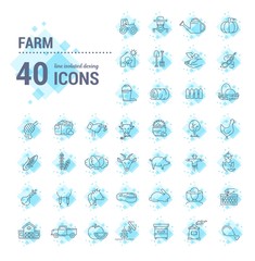 Vector graphic set. Icons in flat, contour, thin, minimal and linear design. Farm and agriculture. Farm life and husbandry tools. Concept illustration for Web site. Sign, symbol, element.