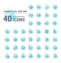 Vector graphic set. Icon in flat, contour, minimal, thin and linear design. Cosmetology. Skin care. Simple isolated icons. Concept illustration for Web site app. Sign, symbol, element.