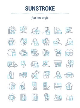 Vector graphic set. Isolated Icon in flat, contour, thin, minimal and linear design. Sunny stroke. Illness, symptom. Protection. Overheating on sunny day. Concept simple illustration. Sign, symbol.
