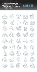 Vector graphic set. Icons in flat, contour, thin and linear design. Cosmetology. Skin care. Simple isolated icons. Concept illustration for Web site. Sign, symbol, element.