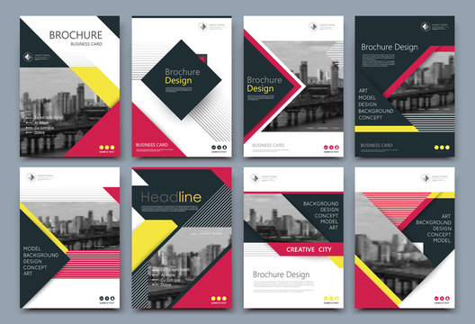 Patch info card style. A4 brochure cover design. Fancy banner board. Title sheet model set. Modern vector front page art. Urban city bridge. Yellow, crimson frame, brand logo icon. Ad flyer text font