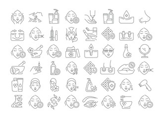 Vector graphic set. Icons in flat, contour, thin and linear design. Cosmetology. Skin care. Simple isolated icons. Concept illustration for Web site. Sign, symbol, element.