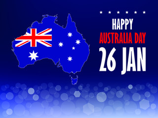 Australia Day poster with Australian map, flag and stars on grey background. Greeting card design. Vector illustration.