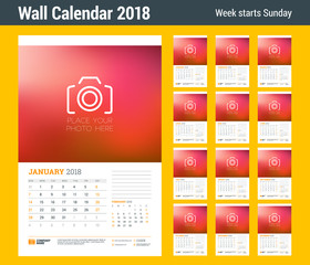 Wall calendar planner template for 2018 year. Set of 12 months. Vector design print template with place for photo. Week starts on Sunday