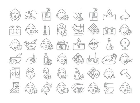 Vector graphic set. Icons in flat, contour, thin and linear design. Cosmetology. Skin care. Simple isolated icons. Concept illustration for Web site. Sign, symbol, element.