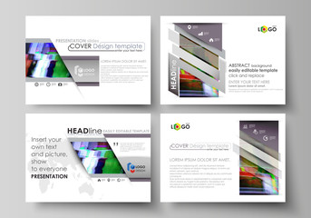 Business templates for presentation slides. Easy editable abstract vector layouts in flat design. Glitched background made of colorful pixel mosaic. Digital decay, signal error, television fail.