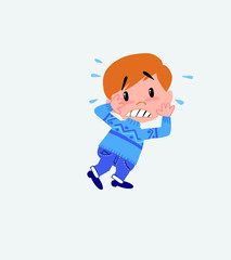 White boy in jeans very alarmed takes the hands to the head.